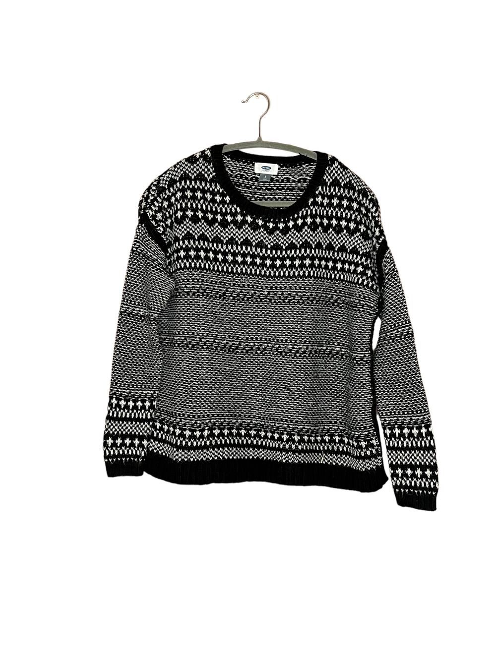 old navy women black white knit cotton jacquard sweater sz small crew neck